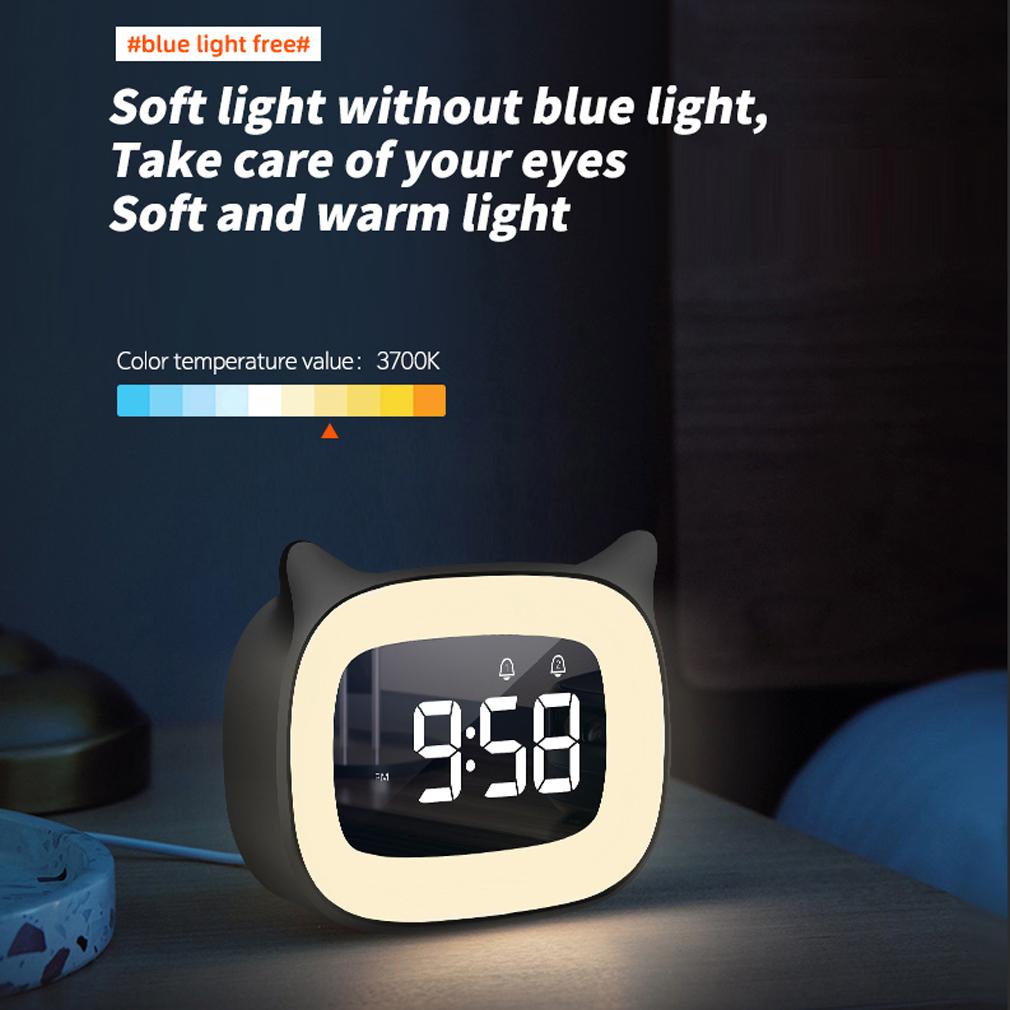 Kids LED Alarm Clock Night Light Stepless Dimming Cute Cat Ear Digital Clock Bedroom Bedside Electronic Desktop Clock Music Wake Up Children