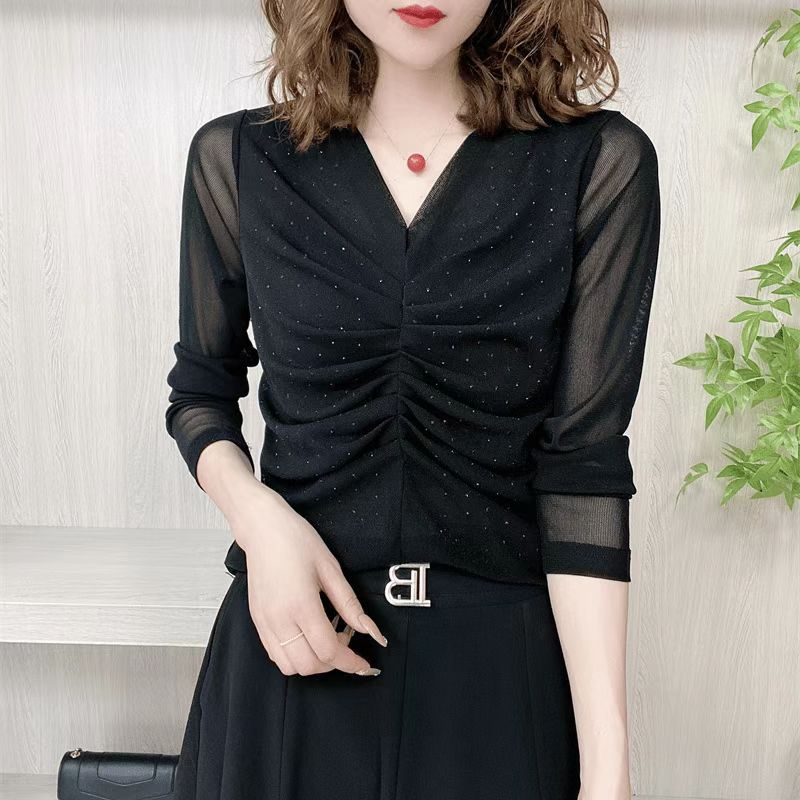Spring and Autumn New V-neck Pleated Mesh Long-sleeved T-shirt Women's Tops Foreign Feminine Stretch Base Shirt