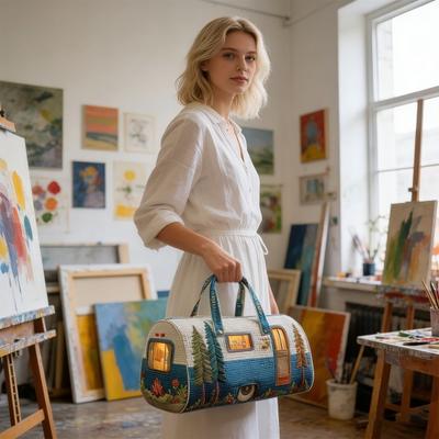 Сумка для спортзала с узором "Дерево" Дизайн "Автобус" Стеганая сумка-даффл с регулируемым ремнем Прочная ручка Одежда Туалетные принадлежности Дорожная сумка
