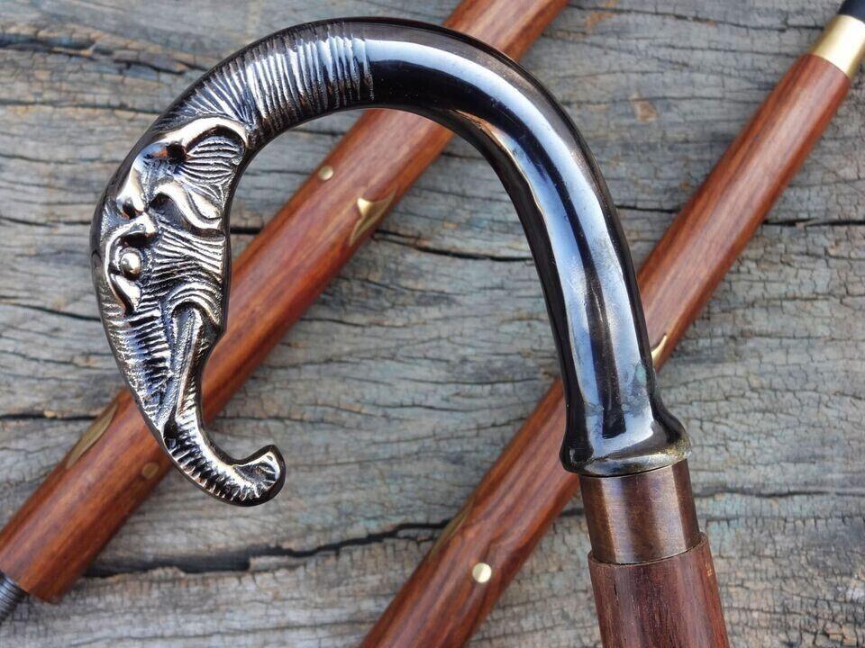 Silver Nickel Plated Dragon Head Walking Stick Vintage Wooden Cane Handle