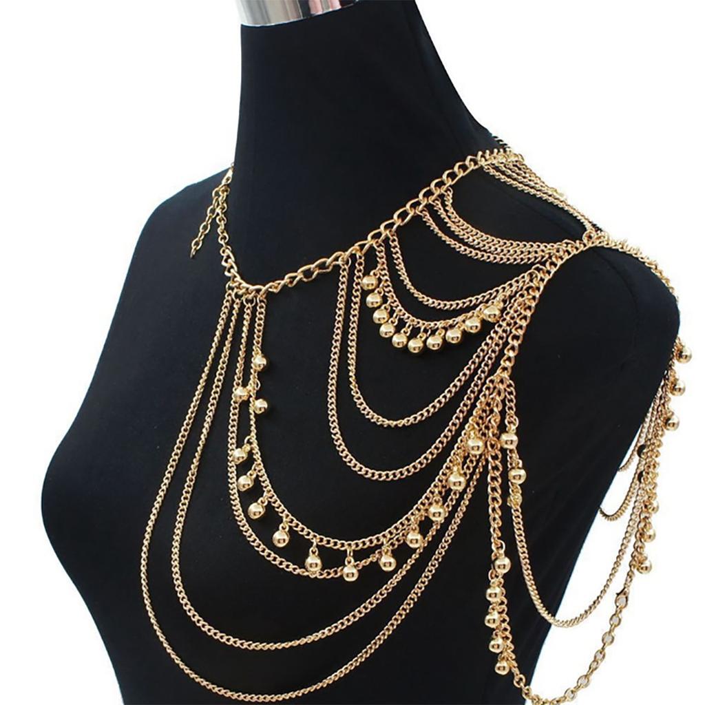 Multilayer Shoulder Chain Metal Ball Body Chain For Women Rave Outfit Festival Jewelry Clothing Accessories