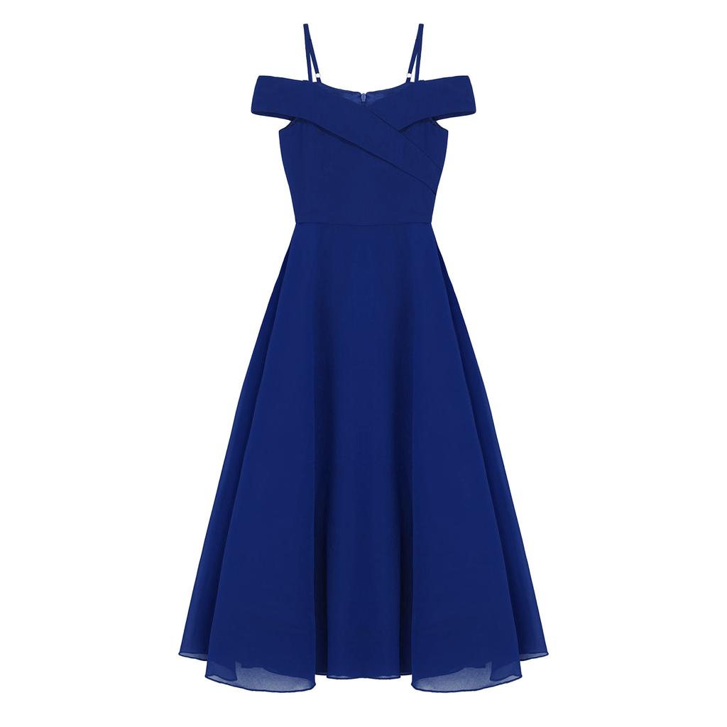 Kids Girls Elegant Chiffon Party Dress Off Shoulder Adjustable Strap Floor Length Evening Gown