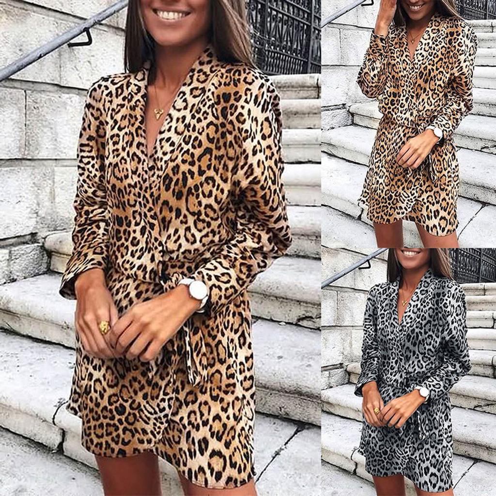 Women  Slim  Long Sleeve Leopard Printing V-Neck Bandage Irregular Dress
