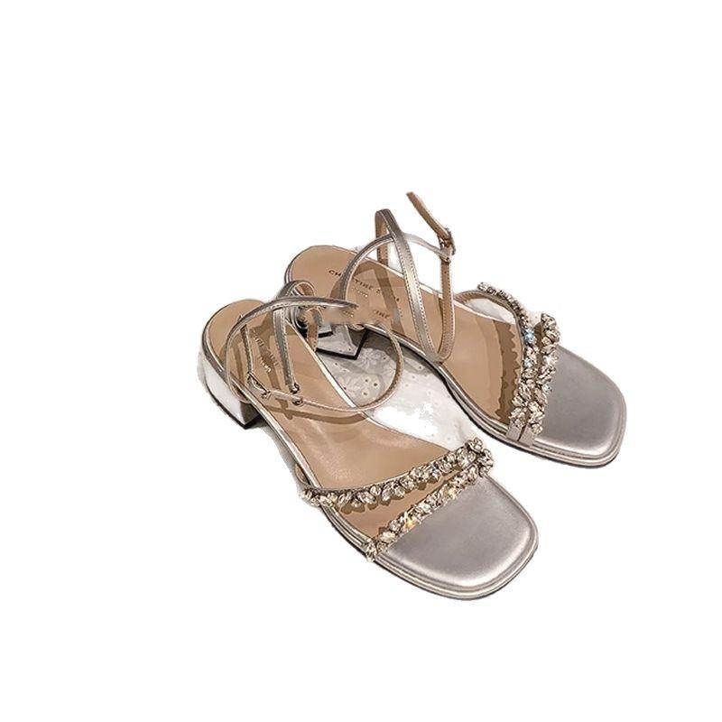 Су Иньинь Леденцовая Фея~ Летние Новые Однословные Сандалии Французские Стразы Открытый Носок Толстый Высокий Каблук Сандалии Женские