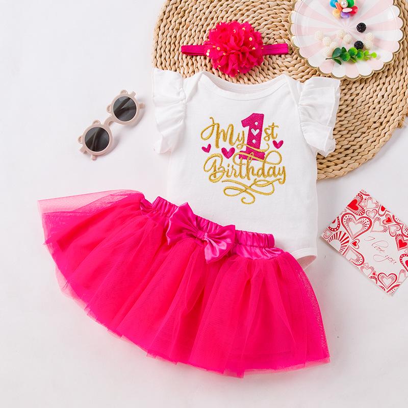 Комплект платьев на первый день рождения корейской девочки: Летняя юбка из вышитой сетки с рукавами-крылышками и аксессуарами для волос