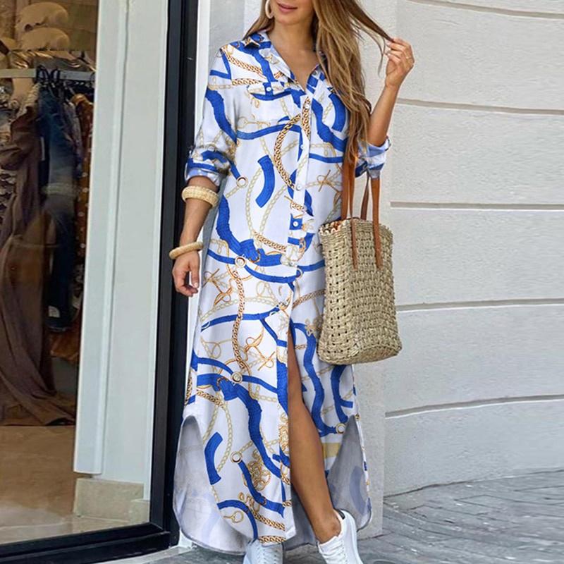Женское платье макси с принтом, платье-рубашка с длинным рукавом и лацканами, повседневное длинное платье с разрезом по бокам, сарафан Vestidos, большие размеры S-5XL