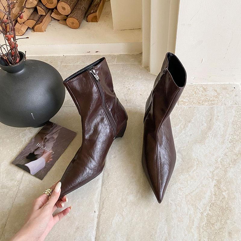 Мода Мода Остроносые Современные Женские Ботильоны На Низком Каблуке Обувь Женские Короткие Ботинки Женская Обувь На Молнии