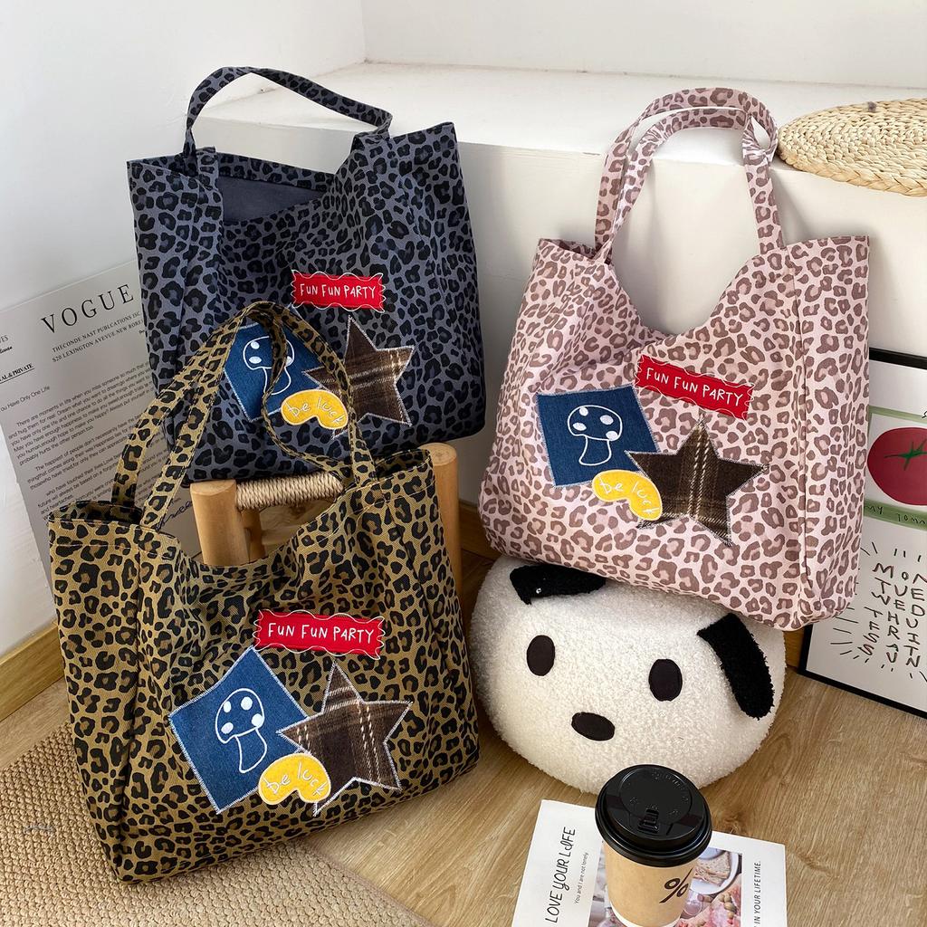 Vintage Leopard Print Collage Embroidery Canvas Women's Shoulder Bag Large Capacity Ladies Handbag Versatile Female Tote Bag