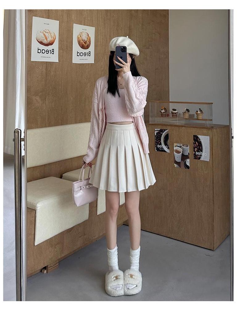 Приталенная юбка А-силуэта с высокой талией и плиссировкой из смесовой шерсти - от маленького до большого размера, осень/зима, стиль College JK, удлиненная миди-длина.