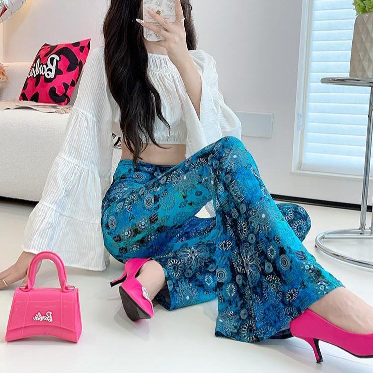 Весенние тонкие женские расклешенные брюки с высокой талией, облегающие брюки, расклешенные брюки с принтом и резинкой