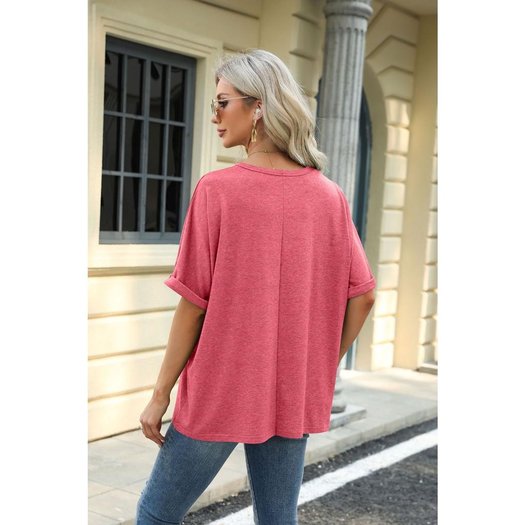 GMXIA Весенне-летняя однотонная футболка с круглым вырезом, свободного кроя, с короткими рукавами для женщин