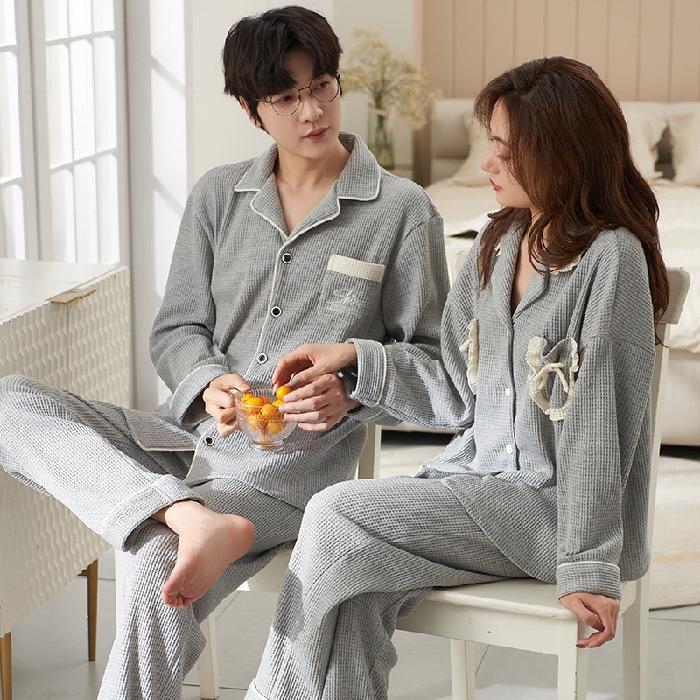 Cute Couple Pajamas: Women's Spring & Autumn Waffle Long Sleeves and Men's Casual Large Size Homewear