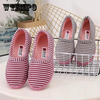 Хлопковая обувь, женская сумка на каблуке, на плоской подошве, милые домашние теплые хлопковые тапочки в полоску, нескользящие плюшевые простые повседневные легкие тапочки с низким берцем