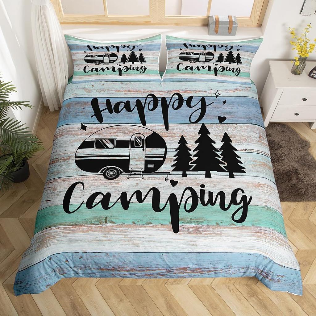 Comforter Happy Camping Queen Full Twin King Camper Theme Comforter With 2 Rustic Farmhouse Style Bedding Set