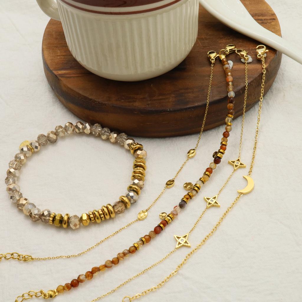18K Gold Plated Stainless Steel Natural Stone Bracelet for Women Black Bead Chain Boho Stackable