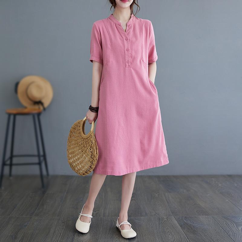 Летнее литературное свободное однотонное хлопковое льняное платье с V-образным вырезом и короткими рукавами для женщин, повседневные платья средней и длинной длины