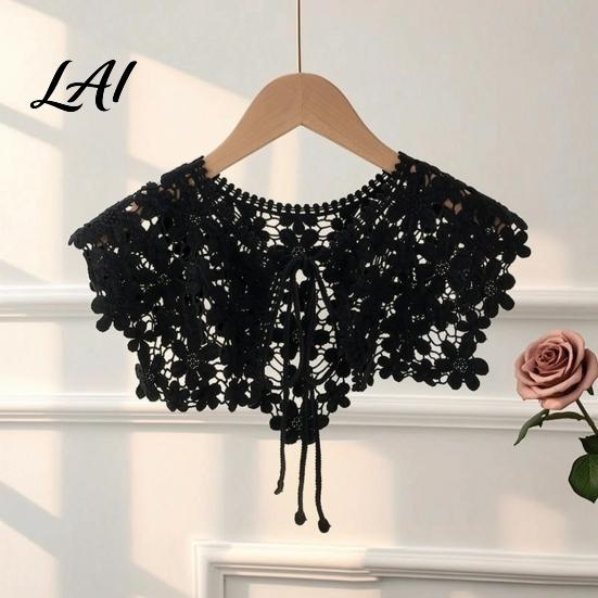 Vintage Style Hollow Shawl Crochet Flower False Collar for Women Retro Floral Detachable Fake Neck Accessory with Adjustable Ties Soft Decorative