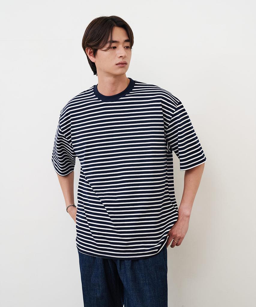 CREEDMENS Striped Cotton Short Sleeve T-Shirt (Navy)