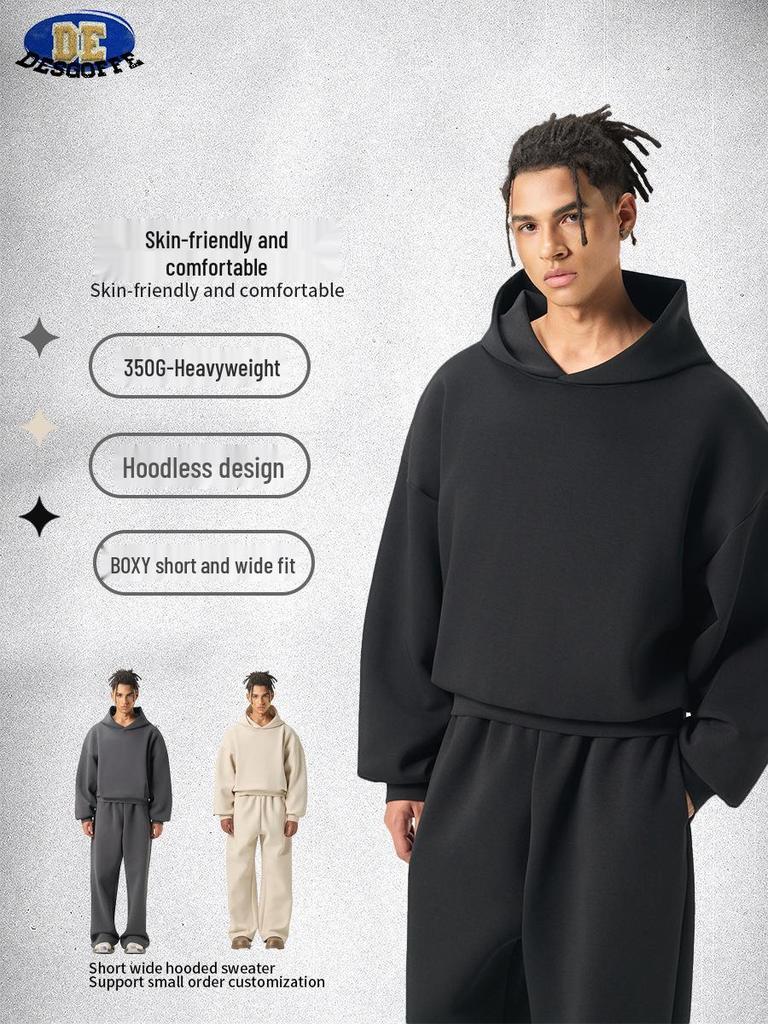 Trendy DE Men's 350G Boxy Hooded Sweatshirt | Wide Fog American Square Hoodie