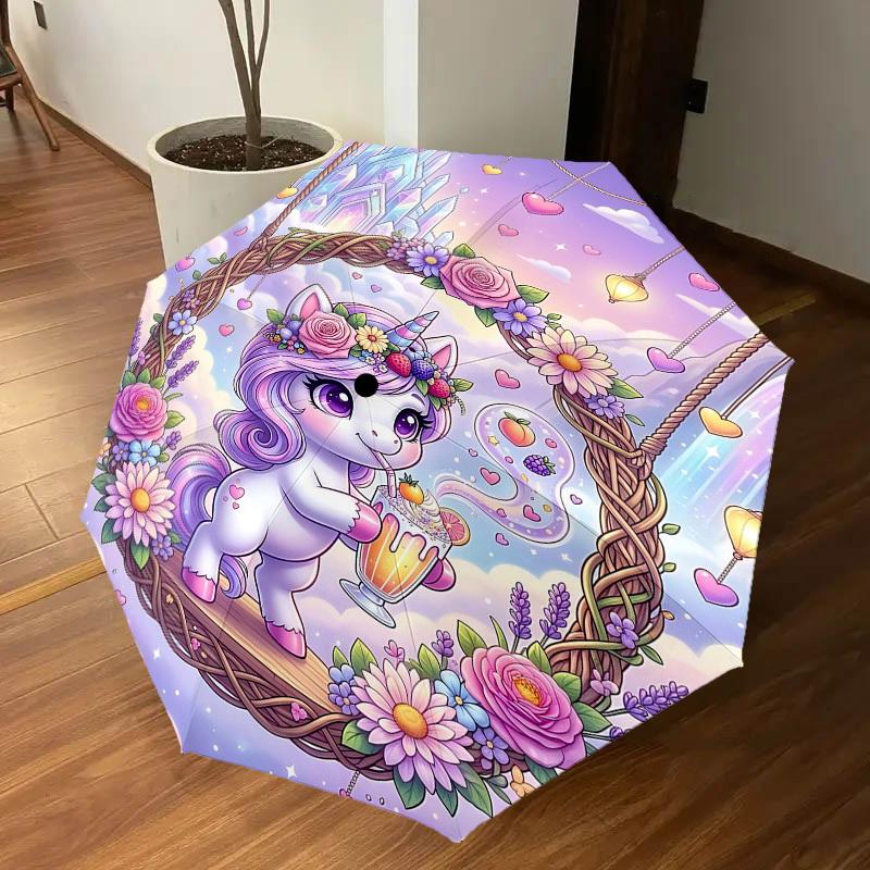 1PC Unicorn Flowers Umbrella-8-Rib Reinforced, Automatic Open, Lightweight & Durable, Fashion Accessory for Outdoor, H0337