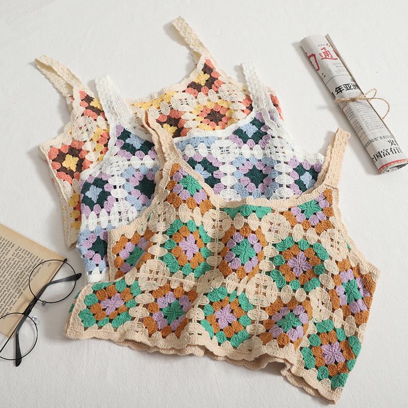 Модный бохо-стиль сексуальный вышитый крючком цветочный топ вязаный слинг пляжный бикини бюстгальтер жилет