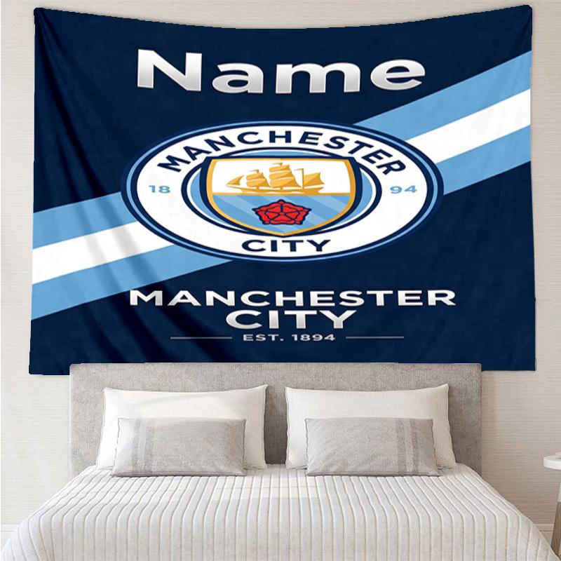 Custom Name Manchester City Print Tapestry, Backdrop, Easy Setup, Ideal for Bedroom, Office & Living Room, with Aesthetic Wall Hanging Decor.