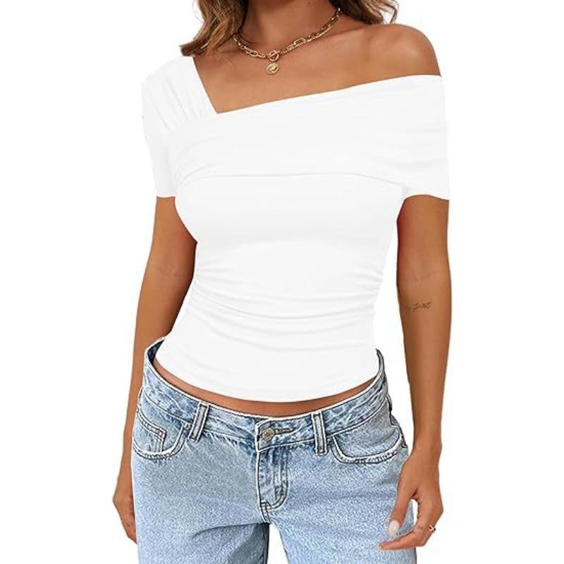 Женская одно плечо короткий рукав короткий топ оборка сбоку тонкий однотонный цвет короткая футболка