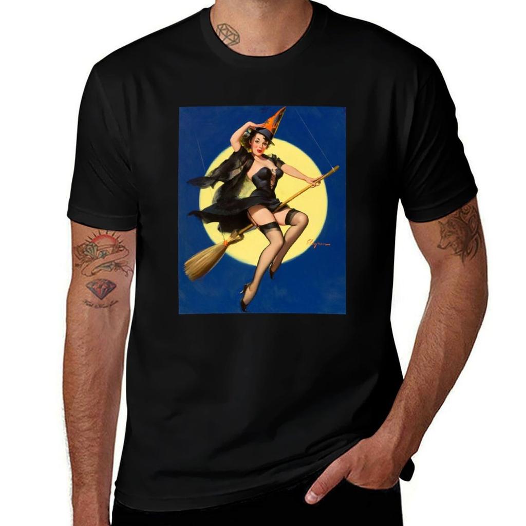 Riding High Halloween Witch Pin-up Girl T-Shirt Long Lasting Casual T-Shirt