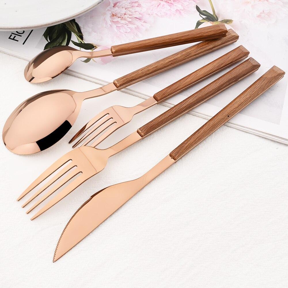 5 шт., набор столовой посуды с деревянной ручкой, посуда из нержавеющей стали, нож для стейка, вилка, десертная ложка, столовые приборы, кухонные столовые приборы в западном стиле