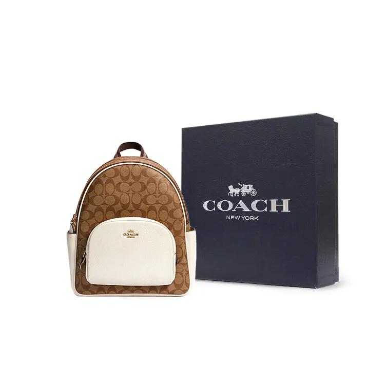 COACH Court Canvas Leather Backpack Medium Women's White Brown (Unisex) Backpacks 5671 IMDJ8