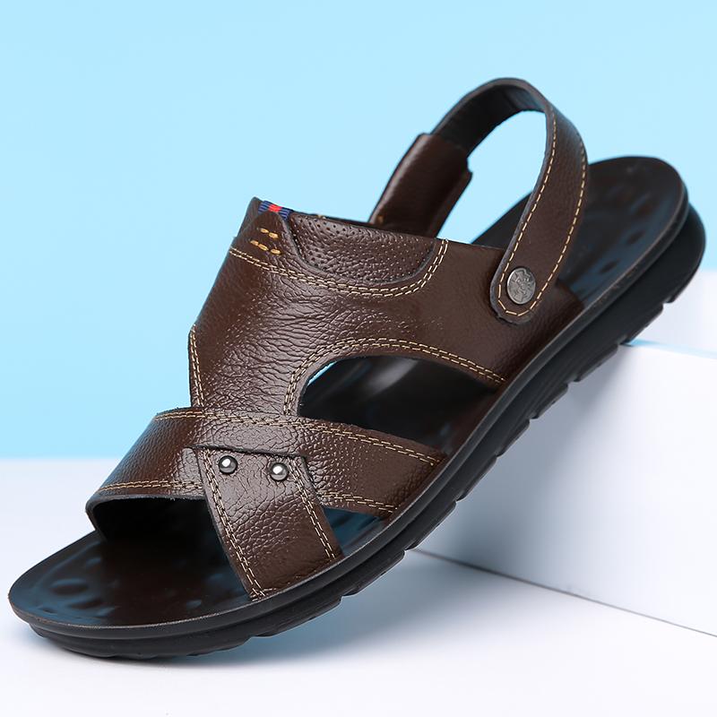 Men Black Leather Sandals Summer Brown Outdoor Hiking Sandals Outdoor Wide Head Beach Shoes for Father Over Sized
