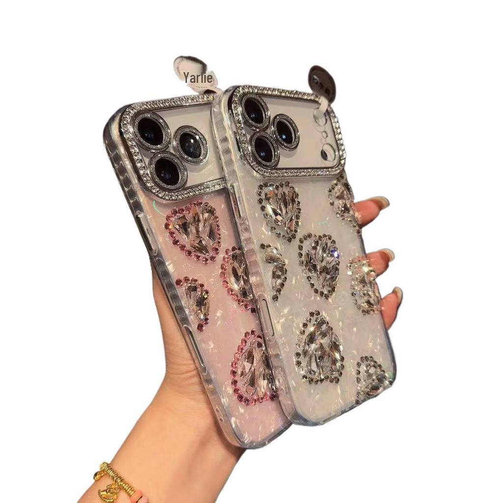 Роскошный Чехол-Ракушка с Сердечками и Стразами для iPhone 17 Pro Max - 16 Дизайнов Сердечек, Точная Посадка для Женщин