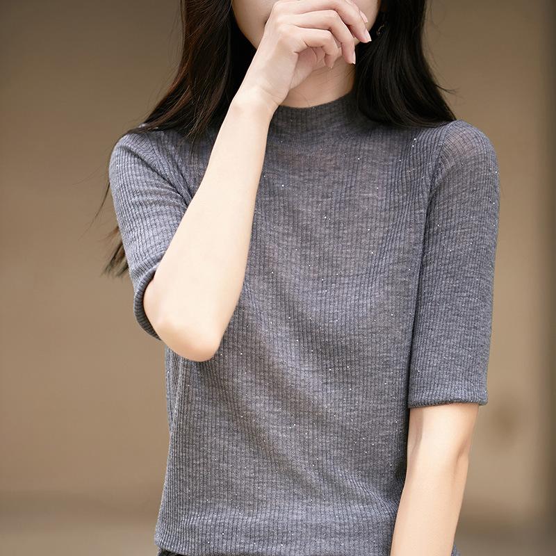 Semi-Turtleneck Sweater Women'S Autumn And Winter New Wool Pullover Bottoming Shirt Top Wear Versatile Short-Sleeved Beaded Knitted Sweater