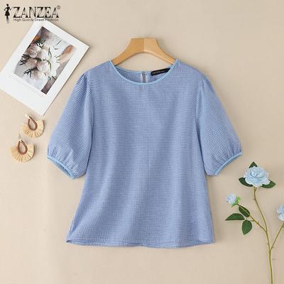 Женская повседневная блузка с круглым вырезом, летняя, с коротким рукавом, с принтом в клетку