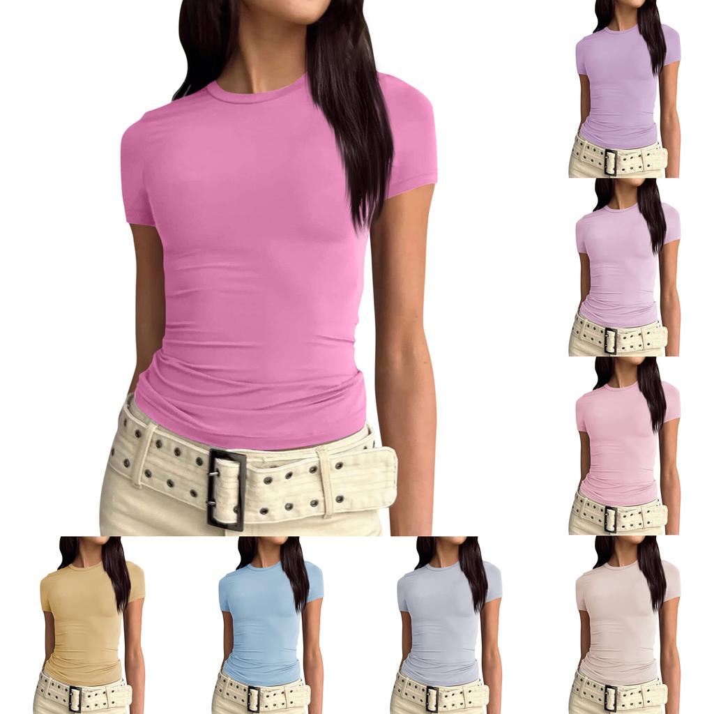 Women Short Sleeve Soild Sexy Cute Tee Slim Fit Tight Crop-Top T Shirt