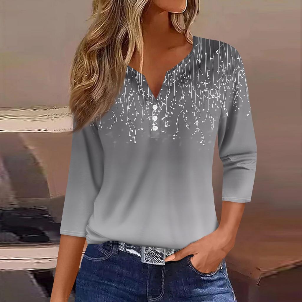 Women's T Shirt Print Button 3/4 Sleeve Daily Weekend Fashion Basic V- Neck Regular Top