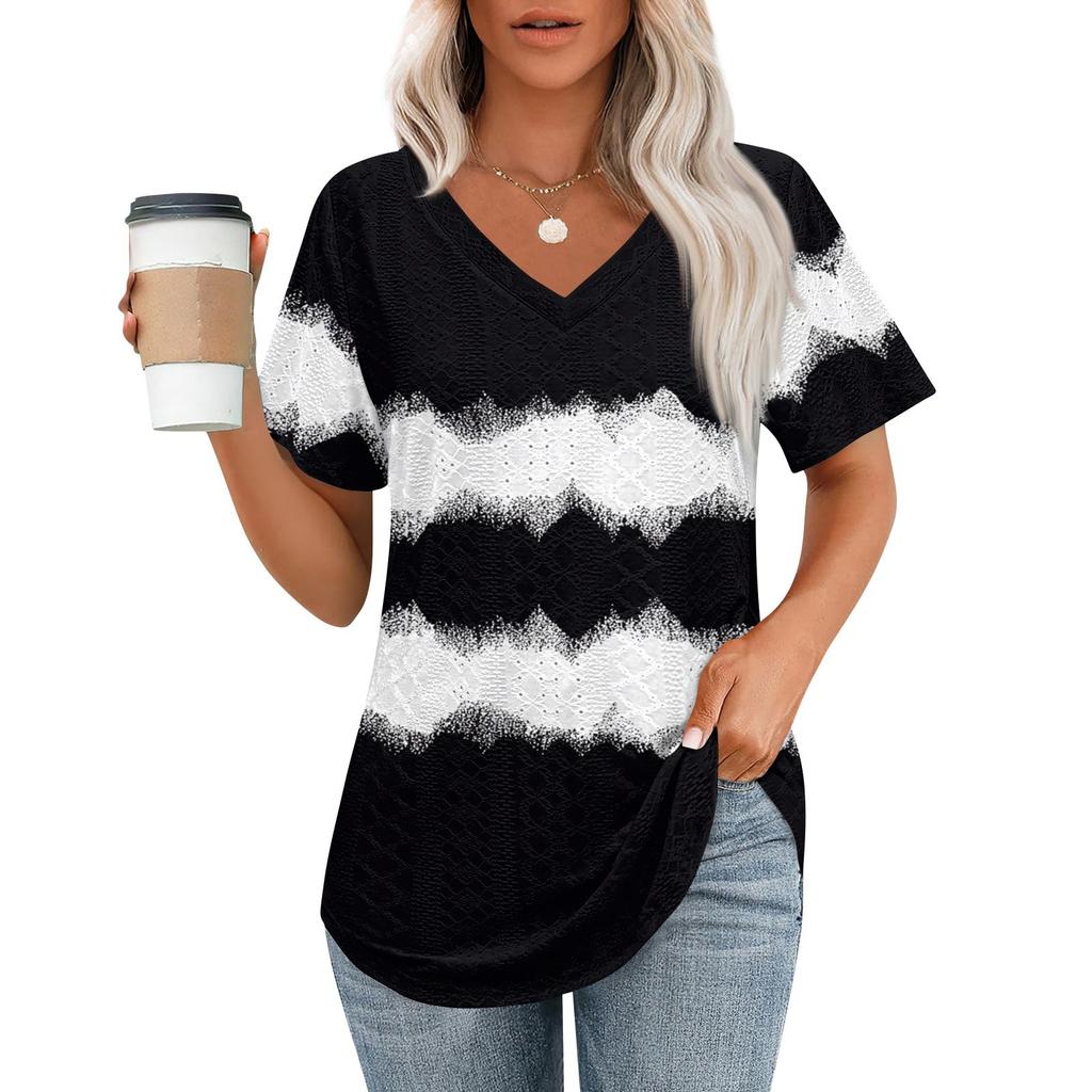 Womens T Shirts V Neck Short Sleeve Casual Tops Loose Fit Basic Tees With Curved Hem