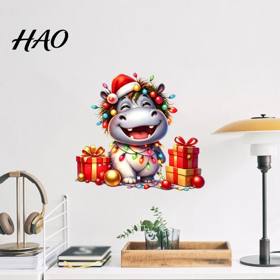 Self Adhesive Bathroom Glass Film Cartoon Hippo Christmas Wall Decal, Cute Sticker with Colorful Lights & Cheerful Animal Pattern Stickers Xmas Balls,