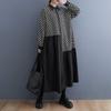 2024 Autumn New Loose Plus Size Fashion Print Stitching Mid-Length Artistic Vintage Long Sleeve Shirt Dress