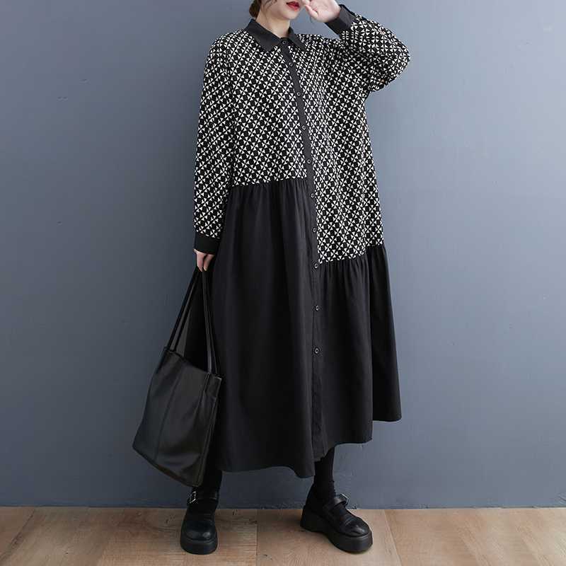 2024 Autumn New Loose Plus Size Fashion Print Stitching Mid-Length Artistic Vintage Long Sleeve Shirt Dress