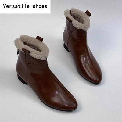 Винтажные теплые меховые женские ботильоны, модные туфли с молнией сзади, осенне-зимние, на толстом каблуке, элегантные короткие женские ботильоны