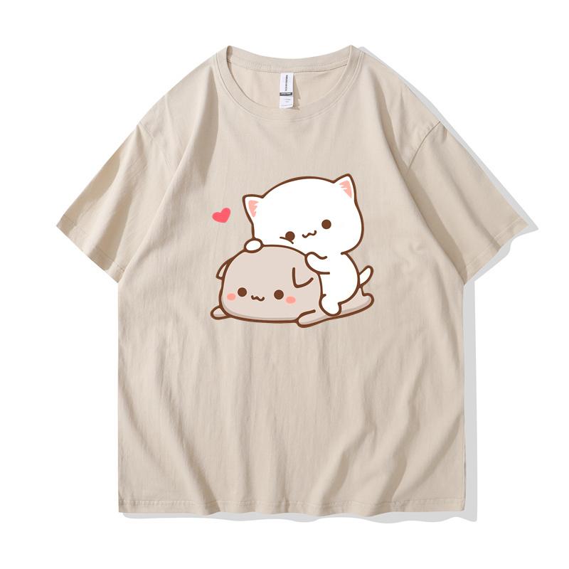 Футболка с изображением кота персика и моти, новая летняя стильная футболка с милым принтом для женщин, модная футболка в стиле Харадзюку для пар, 100% хлопок