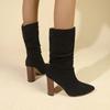 2024 Высококачественная женская обувь Слипоны Ботинки до середины икры Женские Осенние Остроносые Однотонные Флок Высокие каблуки Большой размер Римские ботинки