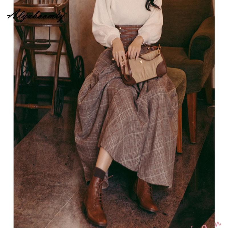 Осень-зима в английском стиле, женская длинная теплая юбка макси с высокой талией, бандажная плотная клетчатая шерстяная юбка, элегантная женская шерстяная юбка трапециевидной формы