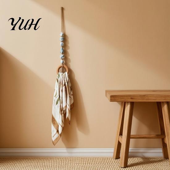 Multipurpose Hanging Organizer Decorative Beaded Towel Hanger with Wood Ring, Boho Multi-Color Wall Mount Solid Rack Hand No-Drill Farmhouse