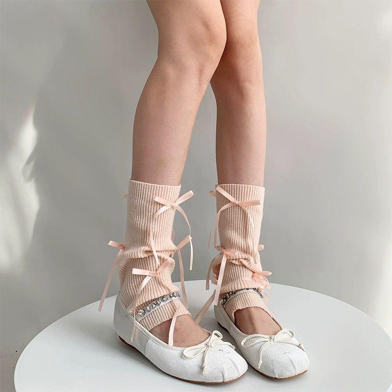 Милые носки-гольфы женские с бантом до середины икры Женские вязаные гетры до середины икры Серые махровые носки