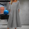 Women Dress Loose Fit Mid Length Double Pockets Button Decoration Round Neck Short Sleeve Boho Style Summer Dress Workwear