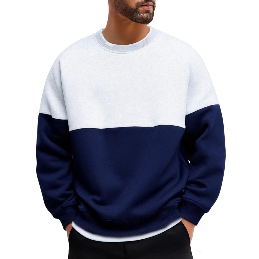 Men's And Women's Casual Color-blocking Faux Two-piece Round-neck Hoodies, Men's Trendy Color-blocking Long-sleeved Tops