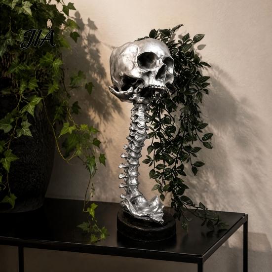 Gothic Skull Planter for Succulents Pothos, Creative Skeleton Flower Pot with Vintage Metal Style Cemetery Art Spine Column, Foliage Plant Container