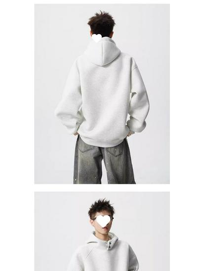 Men's American-Style Heavyweight Half-High Collar Button-Up Hoodie - Autumn/Winter Trendy, Loose Fit, Plus Velvet, Thickened Jacket.